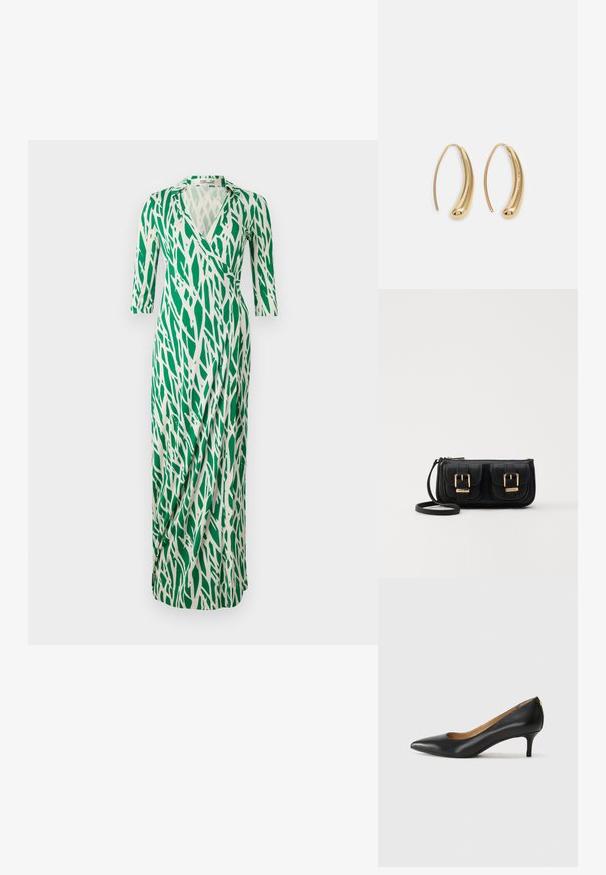 Zöld és fehér, V nyakú, háromnegyedes ujjú, lebegő dizájnnal rendelkező ruha, levélformájú mintával. Sima szövet textúra.; Fekete bőrpumpa hegyes orral, alacsony sarokkal és sima felülettel. Elöl enyhe nyílással rendelkezik, hátul pedig minimális részletezéssel.; Fekete bőr keresztbody táska két elülső zsebbel, arany csattokkal, cipzáras záródással és vékony pánttal. Textúrált felület és kompakt téglalap alak.; Aranyszínű fémből készült karika fülbevalók ívelt, hosszúkás formával. Simaságával és fényes felületével, valamint lekerekített végével további részletekkel bővül.