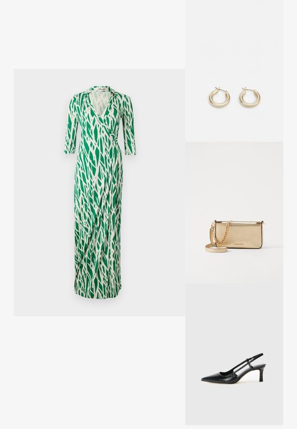 Zeleno-biela zavinovacia šaty s výstrihom do V, trojštvrťové rukávy a voľný dizajn s listovým vzorom. Hladká textúra materiálu.; Čierne patentové slingback topánky na ihlovom podpätku s špicatou špičkou, s textúrovaným hadím vzorom, nastaviteľným popruhom a krátkym, textúrovaným blokovým podpätkom.; Metalická zlatá kožená kabelka so štruktúrovaným povrchom, vybavená zlatým reťazovým popruhom a odnímateľným ramenným popruhom. S logom značky vytlačeným na povrchu.; Lauren Ralph Lauren BASIC SMALL HOOP - Náušnice - gold-coloured