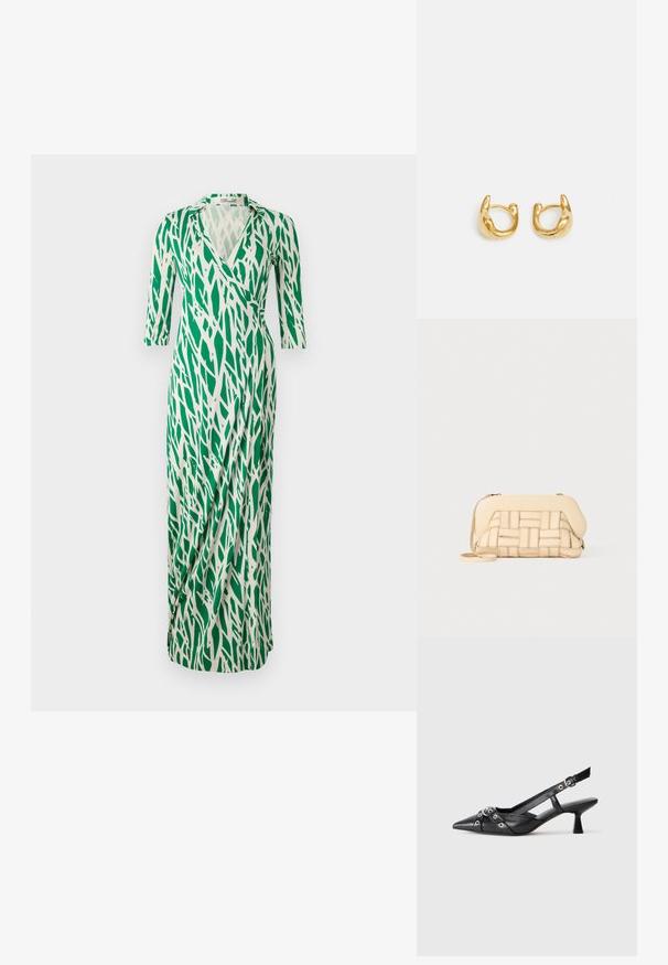 Zaļa un balta apģērba kleita ar V veida kaklu, trīs ceturtdaļu piedurknēm un plūstošu dizainu, kas satur lapu līdzīgu rakstu. Gluda auduma tekstūra.; Melnas ādas šlipsveida kurpes ar norādītu purngalu, dekoratīvām joslām ar metāla acīm un zemu bloku papēdi. Teksturēta virsma.; Austākts bežs rokassoma ar strukturētu dizainu, kurai ir gluda virsma un garš siksna. Tekstūras detalizācija uzlabo kopējo izskatu.; Zelta auskari ar gludu, noapaļotu dizainu un spīdīgu apdari. Auskariem ir kompakta, masīva forma un bezšuvju sprādze.
