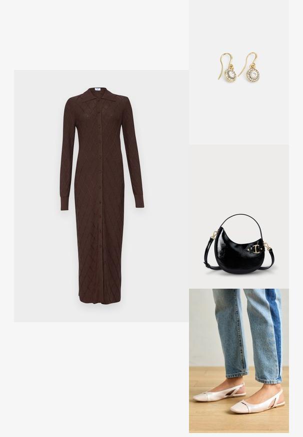 Dlouhá hnědá pletená šaty s diamantovým vzorem, celopropínací přední část, špičatý límec a dlouhé rukávy. Vyrobeno z měkké, texturované tkaniny.; Světle růžové slingback baleríny s špičatou špičkou, vyrobené z hladkého koženému materiálu. Obsahují vystřihovací detaily po stranách a plochý podpatek.; Černá lakovaná kabelka s zakřiveným tvarem, nastavitelným popruhem a zlatými detaily na boku. Hladký, lesklý povrch.; Náušnice ve zlatém tónu s oválnými průhlednými krystaly obklopenými menšími průhlednými kameny, se zapínáním na háček pro bezpečné nošení.