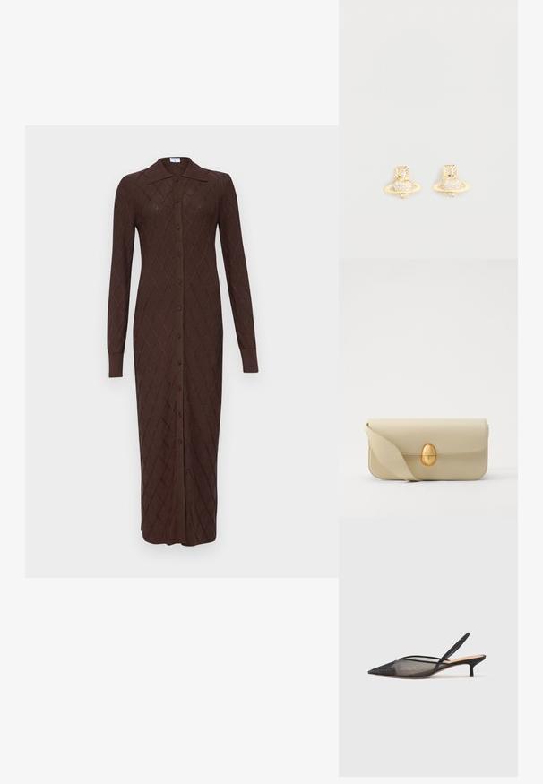 Vestido de punto marrón largo con un patrón de diamantes, con botones en toda la parte delantera, cuello con puntas y mangas largas. Fabricado en un suave tejido texturizado.; NEOUS IRENA - Tacones - black; Bolso de mano de cuero beige con una textura suave, forma rectangular y un cierre ovalado dorado. Cuenta con una correa larga y ajustable.; Pendientes destud de tono dorado con un diseño de Saturno, que presentan una banda texturizada y cristales circulares incrustados para un brillo adicional.