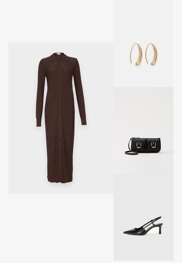 Hosszú barna kötött ruha gyémántmintával, teljes gombolású elülső résszel, hegyes gallérral és hosszú ujjal. Puha, texturált anyagból készült.; Fekete lakk slingback sarok, hegyes orral, texturált kígyómintával, állítható pánttal és rövid, texturált tömbsarkal.; Fekete bőr keresztbody táska két elülső zsebbel, arany csattokkal, cipzáras záródással és vékony pánttal. Textúrált felület és kompakt téglalap alak.; Aranyszínű fémből készült karika fülbevalók ívelt, hosszúkás formával. Simaságával és fényes felületével, valamint lekerekített végével további részletekkel bővül.