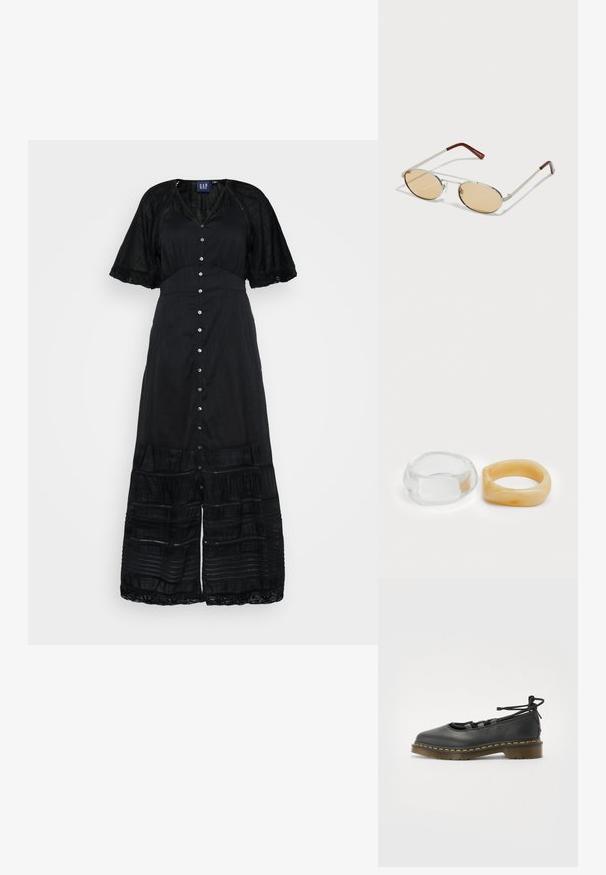 Robe maxi noire avec un devant à boutons, des manches courtes avec dentelle, un tissu texturé et des éléments de design en couches au niveau de l'ourlet.; Chaussure en cuir noir avec un bout rond, un talon bas, des détails en lacets et des coutures jaunes le long de la semelle. Texture lisse avec une finition mate.; Lunettes de soleil en métal avec des verres ovales teintés de brun clair. Monture fine en argent avec des accents texturés et des embouts brunrouge sur les branches.; Bagues en résine claire et ambre, l'une lisse et transparente, l'autre avec une finition texturée en ambre. Les deux présentent des designs arrondis et épais.