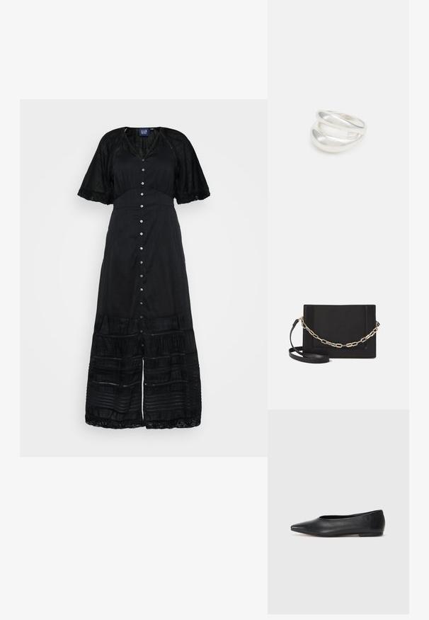 Abito maxi nero con chiusura a bottoni sul davanti, maniche corte rifinite in pizzo, tessuto testurizzato e elementi di design a balze all'orlo.; Ballerine in pelle nera, punta affusolata, design minimalista, texture liscia, tacco basso, senza hardware o decorazioni visibili.; Borsa a tracolla nera in pelle con una texture liscia, forma rettangolare e dettaglio in catena metallica sul davanti. Inclusa una tracolla regolabile.; Anello doppio in argento con superficie liscia e lucida. Presenta un design fluido e curvo con sezioni sovrapposte per un aspetto moderno.