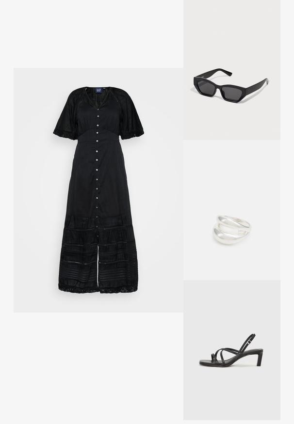 Robe maxi noire avec un devant à boutons, des manches courtes avec dentelle, un tissu texturé et des éléments de design en couches au niveau de l'ourlet.; Sandale noire à lanières avec un bout carré et un petit talon bloc. Elle présente plusieurs fines lanières et une sangle de cheville ajustable. Fabriquée en cuir lisse.; Lunettes de soleil noires rectangulaires avec des montures épaisses, des verres sombres et un design angulaire. Matière plastique lisse sans motifs ni accents visibles.; Bague en argent à double bande avec une surface lisse et polie. Présente un design fluide et courbé avec des sections qui se chevauchent pour un look moderne.