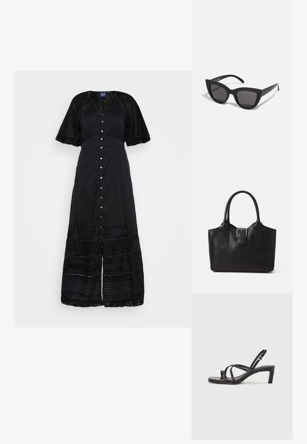 Melna maxi kleita ar pogu aizdari priekšpusē, īsām mežģīņu apdarinātām piedurknēm, teksturētu audumu un slāņotu dizaina elementu apakšējā daļā.; Melnas strappy sandales ar kvadrātveida purngaliem un zemu bloku papēdi. Ievērojamas ar vairākiem plāniem siksniņām un regulējamu potītes siksniņu. Izgatavotas no gludas ādas.; Melnas kaķa acs saulesbrilles ar matētu apdari, ar pelēkiem tonētiem stikliem, izteiktiem stūriem un elegantiem sānu rokturiem. Zīmola nosaukums redzams uz iekšējā roktura.; Melnas ādas somiņa ar gludu tekstūru, strukturētu formu, divām rokturām un izteiktu sudraba sprādzi priekšpusē.; Sudraba divu joslu gredzens ar gludu, pulētu virsmu. Iezīmējas ar plūstošu, izliekta dizaina struktūru ar pārklājošām sekcijām modernam izskatam.