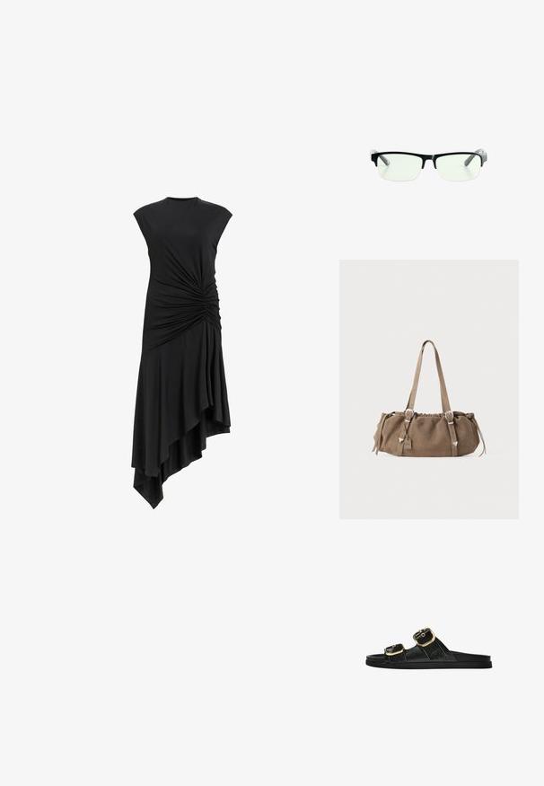 Čierne bezrukávové šaty s nariasením na boku, s asymetrickým lemom, ktorý sa elegantne drape. Mäkka textúra látky.; Čierne šľapky s dvoma zlatými prackami, hladký textúrovaný materiál, plochá podrážka a minimalistický dizajn.; Čierne obdĺžnikové okuliare s priehľadnými sklami, majú elegantné čierne rámy a šedé priehľadné konce straníc. Minimalistický dizajn, bez viditeľného loga.; Hnedá semišová kabelka s riaseným vrchom, striebornými kovovými časticami a dvoma ramennými popruhmi. Má obdĺžnikový tvar a minimalistický dizajn.