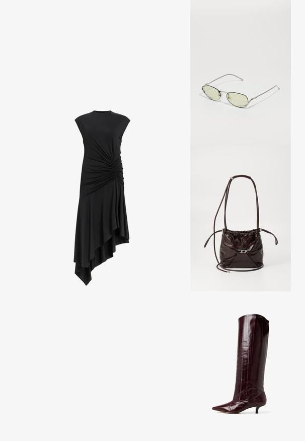 Mustat hihattomat mekot, joissa on poimuttaminen sivuilla ja epäsymmetrinen helma, joka laskeutuu tyylikkäästi. Pehmeä kankaan rakenne.; Burgundin knee-high saapas kiiltävästä paten materiaalista. Ominaisuuksina teräväkärkinen ja kitten-korkoinen lesti, jossa on pystysuorat viivat yksityiskohtina varsissa.; Kissasilmät, joissa on ohut hopeanvärinen metallikehys ja vaaleanvihreät linssit. Ominaisuuksiin kuuluu tyylikäs muotoilu, minimaalinen varustus ja kaarevat temput.; Tummanruskea kiiltävä nahkainen olkalaukku, jossa on riiputtava yläosa ja ohut säädettävä olkahihna. Edessä on pieni hopeanvärinen sulkija.