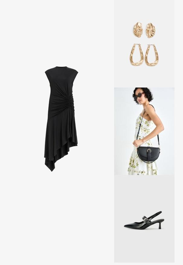 Juodas be rankovių suknelė su surinktu detalėmis šone, turinti asimetrišką apatinį kraštą, kuris elegantiškai krenta. Minkšta medžiagos tekstūra.; Juodai lakuoti slingback aukštakulniai su smailiu kojų pirštu ir mažais blokiniais kulniukais, su sidabro sagtimi ant dirželio.; Juodas odinis krepšys su išlenkta forma, nuimamu dirželiu ir auksiniais detalėmis. Krepšys turi kilpą su sagtimi.; Auksinės auskarai, turintys tekstūruotus, bangų formos elementus. Įeina skulptūriniai segami auskarai ir atviri lankai su išmuštu paviršiumi.