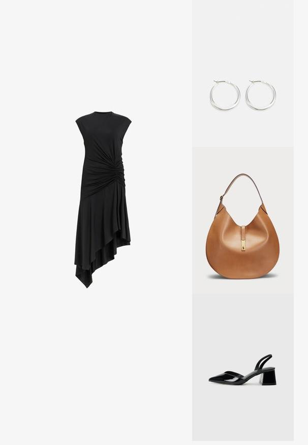Fekete ujjatlan ruha oldalán összegyűrt részletekkel, aszimmetrikus szegéllyel, amely elegánsan omlik. Puha szövettextúra.; Fekete lakk bőr szandálkés magas sarkú cipő, hegyes orral és geometrikus tömbsarkakkal. Karcsú, minimalista dizájn és sima textúra jellemzi.; Barna bőr kézitáska íves formával és széles vállpánttal. Középen arany fém díszítéssel és sima felülettel rendelkezik.; A ezüst karika fülbevalók sima, lekerekített formájúak, vékony profilúak és biztonságos zárással rendelkeznek. Minimalista stílus, fényes befejezéssel.