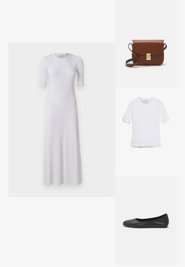 Fehér, bordázott kötött ruha rövid ujjakkal és formázott testfelülettel, amely egy bővülő szoknyába átmegy. Egyszerű, kerek nyakú és finom textúrájú.; Fehér, rövid ujjú póló ribbed anyagból. Kerek nyakkivágás, normál szabás és diszkrét varrási részletek. Nincsenek minták vagy grafikák.; Fekete bőr balettcipő lekerekített orral, sima tekstúrával, minimális varrással és rugalmas talp kialakítással.; Barna bőr kézitáska, hajtókás zárással, arany színű fém kiegészítőkkel, vállpánttal és sima felülettel. Kompakt téglalap alakú.