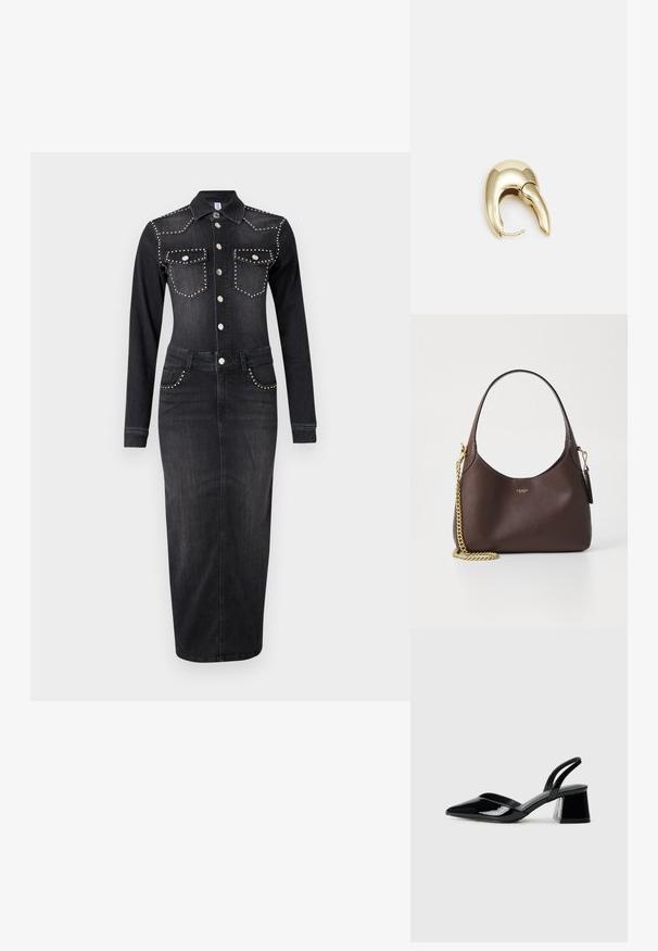 LIU JO ABITO LUNGO - Dongerikjole - black denim; Svarte patentlær slingback hæler med spiss tå og geometrisk blokk hæl. Har et stilrent, minimalistisk design og jevn tekstur.; COACH BROOKLYN SHOULDER BAG 23 - Håndveske - maple; Gullfarget metalløredobber med et elegant, buet design. Har en karakteristisk spiss form, polert overflate og hengsel-lukking.