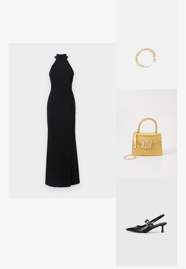 Črna halter obleka z oprijetim korpusom, dolžino do tal in stranskim razporkom. Narejena iz gladkega materiala z elegantnim, minimalističnim dizajnom.; Črne patent usnjene slingback pete s koničastim nosom in majhnim blok peto, ki vključujejo srebrno zaponko na traku.; Rumeno usnjeno-usnje z vzorcem krokodila, s strukturiranim dizajnom, zgornjo ročajem, snemljivo verižico in dekorativnim kristalnim okrasjem na zaponki.; Zlati prstan s organskim, zvitim dizajnom, gladko površino in taperiranimi konci, ki ustvarja modernega, skulpturalnega videza.
