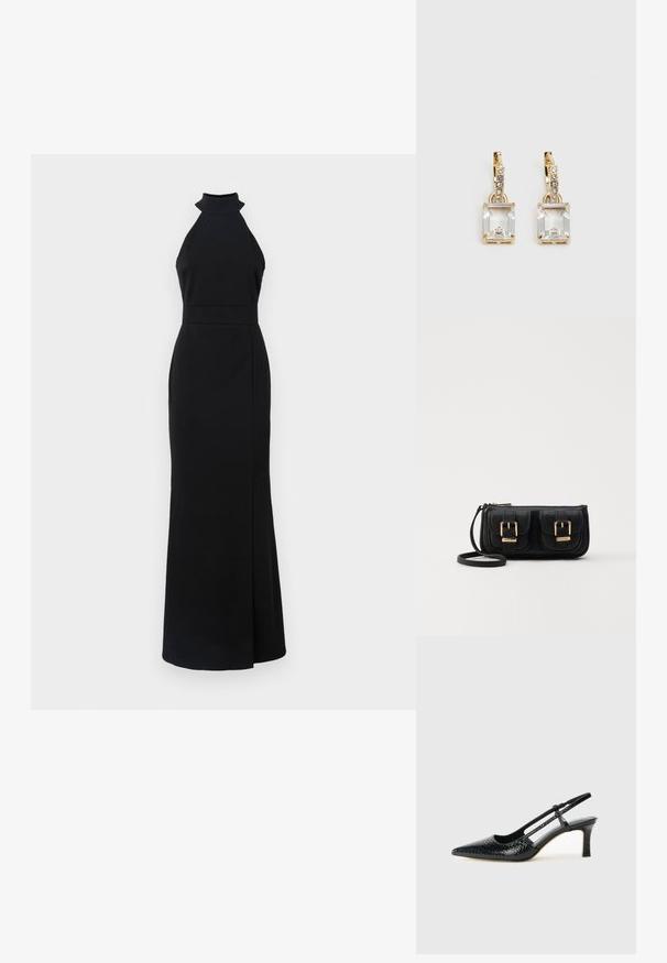 Black halter neck dress with fitted bodice, floor-length skirt, and side slit. Made of smooth fabric with a sleek, minimalist design.; Black patent slingback heel with a pointed toe, featuring textured snake print, adjustable strap, and a short, textured block heel.; Black leather crossbody bag with two front pockets, gold buckles, zipper closure, and a slim strap. Textured surface and compact rectangular shape.; Gold-tone earrings featuring a rectangular, clear crystal dangling below a row of small, round clear accents. Sleek, modern design.
