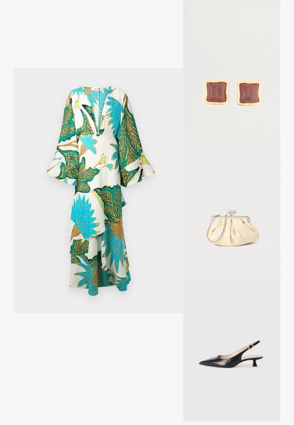 Dlouhá, volná šaty s hlubokým V výstřihem, zvonovými rukávy a živými tropickými listovými vzory v teal, zlaté a zelené na světlém pozadí.; Černé kožené lodičky na malém podpatku s špičatou špičkou a zlatou sponou na bočním pásku, na bílém pozadí.; Plisovaná béžová kožená kabelka na psaní s rámem ze stříbrného kovu, vybavená dvěma kulatými dekorativními uzávěry a stříbrným řetízkem.; Čtvercové náušnice s hlubokým burgundským středem a texturovaným zlatým rámem. Hladký povrch s zaoblenými hranami.