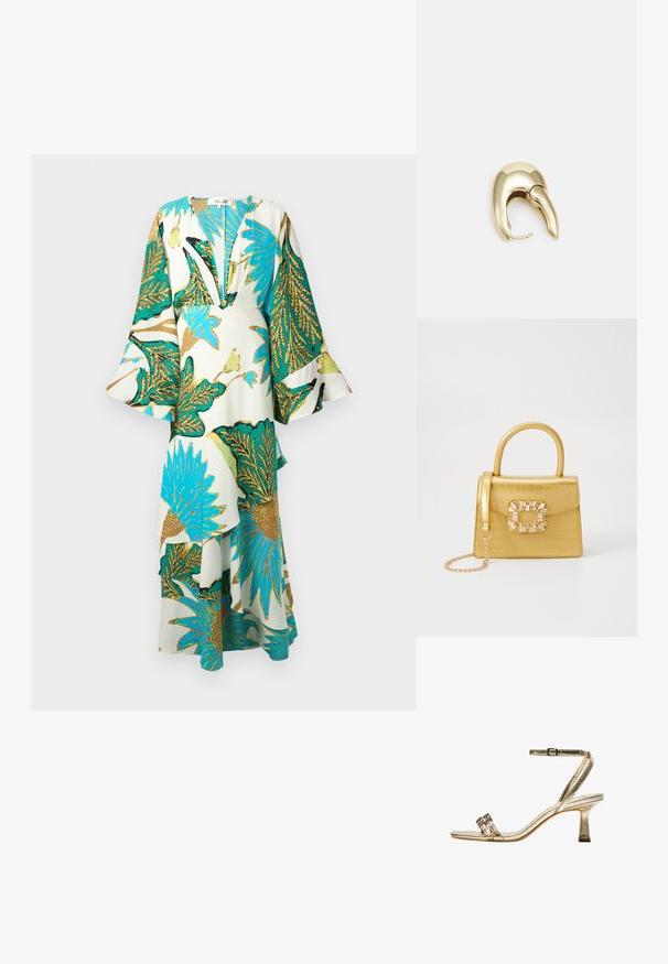 Długa, zwiewna sukienka z głębokim dekoltem w kształcie litery V, bufiastymi rękawami i żywymi wzorami tropikalnych liści w odcieniach teal, złota i zieleni na jasnym tle.; Złote metaliczne sandały na wysokim obcasie z paskiem wokół kostki, dwoma wąskimi pasami z przodu i słupkiem. Posiadają dekoracyjne zdobienia.; Żółta torebka z faux-krokodylka o wyrafinowanej konstrukcji, z górnym uchwytem, odpinanym łańcuszkiem oraz dekoracyjnym kryształowym zdobieniem na zapięciu.; Złote metalowe kolczyki o eleganckim, zakrzywionym kształcie. Posiadają charakterystyczny szpiczasty kształt, polerowaną powierzchnię oraz zapięcie na zawias.