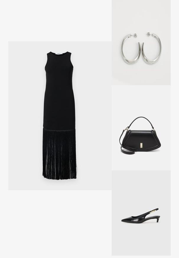 Musta hihaton mekko, jossa on tiukka yläosa ja pitkä franjahelma, valmistettu sileästä kankaasta, jossa on teksturoidut franja-yksityiskohdat alaosassa.; Mustat nahkaiset slingback-korkokengät, joissa on terävä kärki, ohuet korot ja kultasävytteinen yksityiskohta säädettävässä hihnassa. Silkkinen pinta.; Mustalla nahkalaukulla, jossa on jämäkkä muotoilu, lyhyt malli, yläkahva ja kultaiset yksityiskohdat. Säädettävä olkahihna sisältyy.; Hope hopeista, joissa on sileä, kaareva muotoilu. Varustettu kiiltävällä metallipinnoitteella ja nappikiinnityksellä. Ei näkyviä kuvioita tai koristeluja.