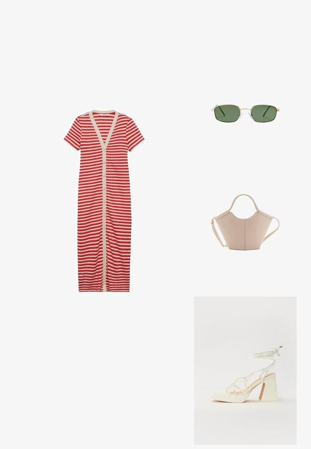 Maxi haljina kratkih rukava crveno-bijelih pruga s V-izrezom i kopčanjem na dugmad. Ima jedinstveni kremasti obrub i uski kroj.; Bijela sandala na visokoj potpetici s debelim petom, s remenom i vezanjem oko gležnja. Glatka tekstura s platformom sprijeda za dodatnu visinu.; Naočale s okvirom od zlatnog metala, zelenim staklima, pravokutnim oblikom i prozirnim plastičnim nosnim jastučićima. Tanke, vitke tempere s minimalističkim dizajnom.; Bež kožna torba jedinstvenog oblika, s dva kratka ručka i dugom podesivom trakom. Glatka tekstura s minimalnim metalnim dodacima.