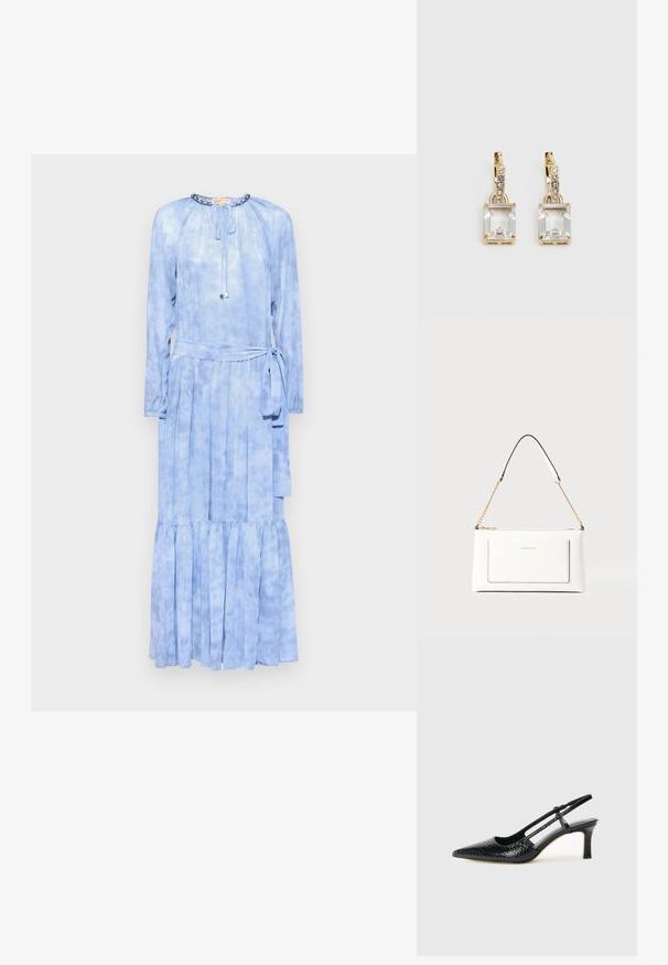 MICHAEL Michael Kors SUNBLEACH TIER DRESS - Maxi šaty - chambray; Černé lakované slingback podpatky s špičatou špičkou, zdobené texturovaným hadím vzorem, nastavovacím páskem a krátkým texturovaným blokovým podpatkem.; Bílá kožená kabelka s texturovaným povrchem, zdobená zlatým řetízkem a černými akcenty. Obsahuje přední kapsu a uzavírání na zip.; Náušnice ve zlatém odstínu s obdélníkovým, průhledným krystalem zavěšeným pod řadou malých, kulatých průhledných akcentů. Elegantní, moderní design.