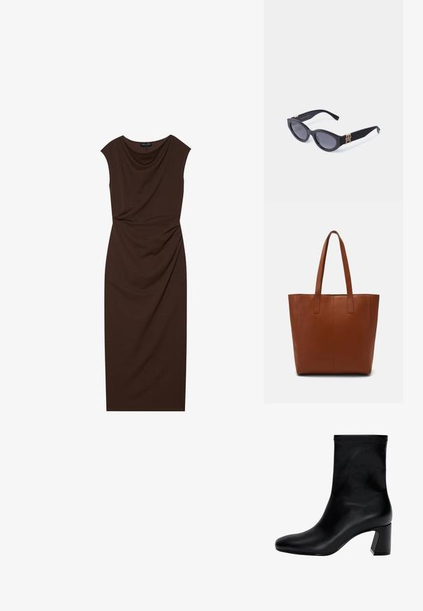 Brun knälång klänning gjort av smidigt tyg, med en draperad ringning, korta ärmar och samlad detalj på ena sidan.; Svart ankelsko i slät läder. Har en fyrkantig tå, elastisk överdel och en kraftig klack för stabilitet. Minimalistisk design.; Svart kattögon-solglasögon i plast, med mörka linser och guldiga logotypdetaljer på bågarna. Slät yta, elegant design.; Brun läder tote väska med en mjuk textur, vertikal sömdetaljering och två plana handtag. Öppen toppdesign, rymligt inre.