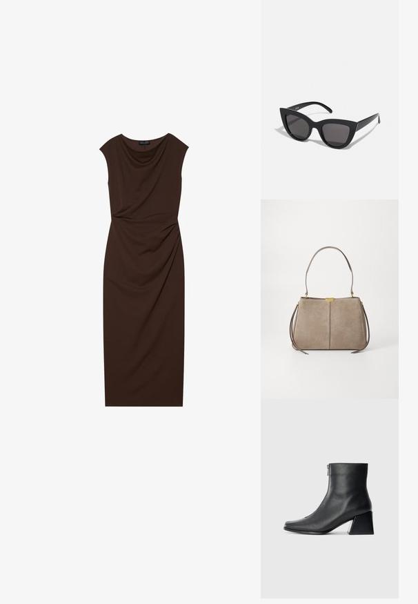 Brūna ceļgala garuma kleita, izgatavota no gludas auduma, ar drapētu kakla izgriezumu, uz pleciem un savirknētām detaļām vienā pusē.; Melna ādas potītes zābaku ar kvadrātveida purngalu, sānu rāvējslēdzēju un bloku papēdi uz vienkārša gaismas fona.; Melnas kaķa acs saulesbrilles ar matētu apdari, ar pelēkiem tonētiem stikliem, izteiktiem stūriem un elegantiem sānu rokturiem. Zīmola nosaukums redzams uz iekšējā roktura.; Tommy Hilfiger CASUAL SHOULDER BAG - Rokassoma - coastal taupe