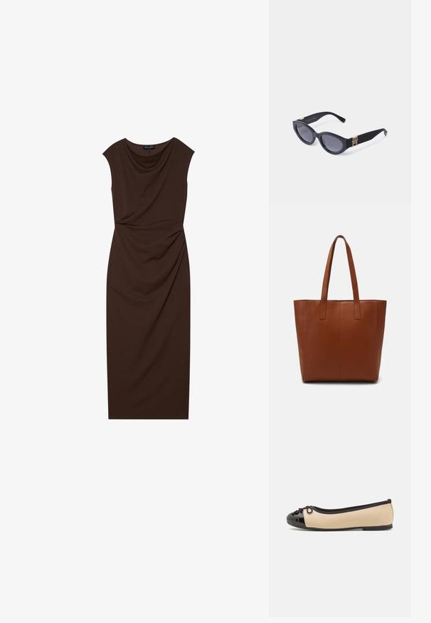 Hnědé šaty ke kolenům vyrobené z hladké látky, s volným výstřihem, krátkými rukávy a nabíranými detaily na jedné straně.; Baletní baleríny s béžovým koženým svrškem a lesklou černou lakovanou špičkou. Na přední části mají malou mašličku. Rovná podešev.; Černé sluneční brýle ve tvaru kočičích očí, vyrobené z plastu, s tmavými skly a zlatými logovými akcenty na stranách. Hladký povrch, elegantní design.; Hnědá kožená taška přes rameno s hladkou texturou, vertikálními švy a dvěma plochými uchy. Otevřený design, prostorný interiér.