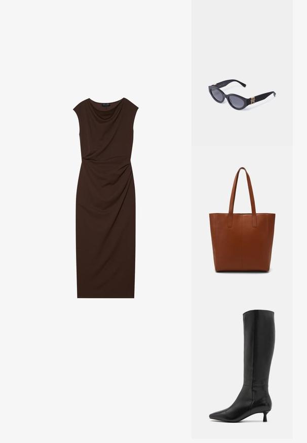 Brūna ceļgala garuma kleita, izgatavota no gludas auduma, ar drapētu kakla izgriezumu, uz pleciem un savirknētām detaļām vienā pusē.; Zign Zābaki - black; Melna kaķacīgu saulesbrilles, kas izgatavotas no plastmasas, ar tumšiem stikliem un zelta logotipa akcentiem uz tempļiem. Gluda virsma, elegants dizains.; Brūna ādas rokassoma ar gludu virsmu, vertikālām šuvēm un divām plakanām rokturiem. Atvērta augšpuse, plaša iekšpuse.