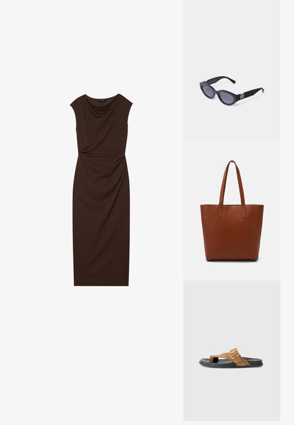 Brun knælang kjole lavet af glat stof, med en draperet halsudskæring, korte ærmer og samlede detaljer på den ene side.; Brune ruskindsandaler med detaljer i guldspænde, med en flad sort gummisål og et thong-stil design. Glat tekstur, minimalistisk stil.; Sorte katteøje solbriller lavet af plastik, med mørke linser og guldfarvede logo accenter på stængerne. Glat overflade, elegant design.; Brun læder tote taske med en glat tekstur, lodrette søm-detaljer og to flade håndtag. Åben topdesign, rummeligt interiør.