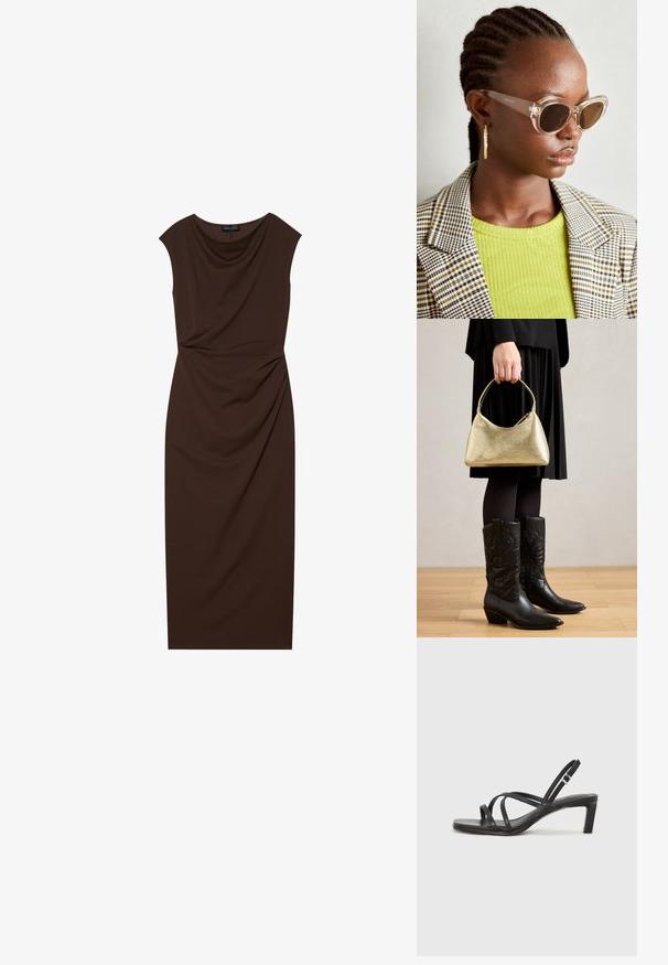 Brown knee-length dress made of smooth fabric, featuring a draped neckline, cap sleeves, and gathered detailing on one side.; Black strappy sandal with a square toe and a low block heel. Features multiple thin straps and an adjustable ankle strap. Made of smooth leather.; Clear cat-eye sunglasses with brown lenses and transparent frames. Model wearing a green ribbed top and checkered blazer. Gold hoop earrings.; Gold textured handbag with a curved shape and short handle, held by a person wearing a black pleated skirt and black leather cowboy boots.