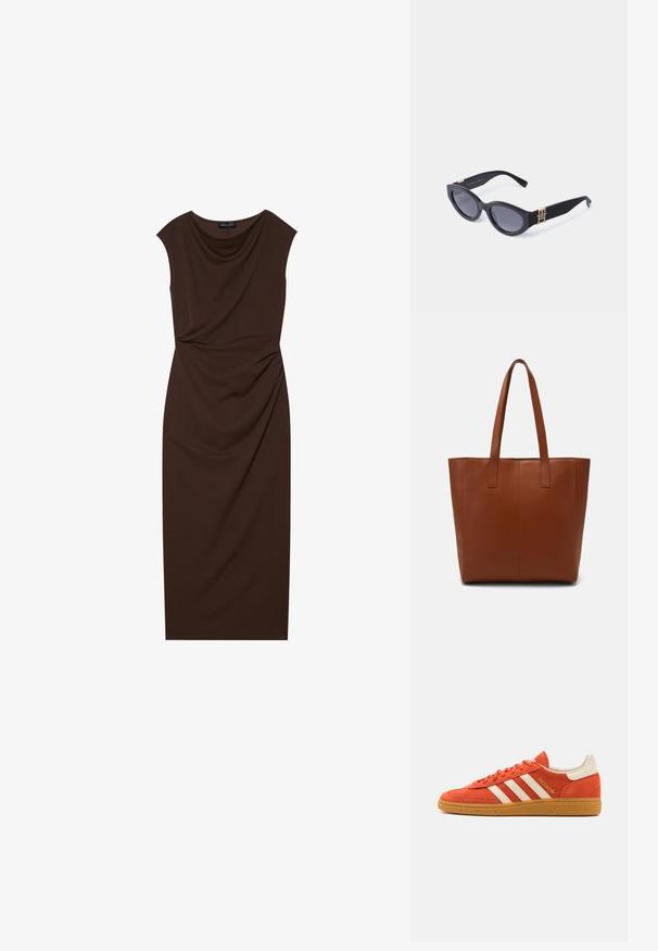 Brūna ceļgala garuma kleita, izgatavota no gludas auduma, ar drapētu kakla izgriezumu, uz pleciem un savirknētām detaļām vienā pusē.; Oranžs zamšādas sporta apavi ar baltām ādas detaļām, kas aprīkoti ar trim baltām svītrām un gumijas zoli. "Spezial" logo uz mēles.; Melna kaķacīgu saulesbrilles, kas izgatavotas no plastmasas, ar tumšiem stikliem un zelta logotipa akcentiem uz tempļiem. Gluda virsma, elegants dizains.; Brūna ādas rokassoma ar gludu virsmu, vertikālām šuvēm un divām plakanām rokturiem. Atvērta augšpuse, plaša iekšpuse.