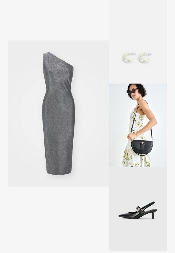Vestido cinza assimétrico, de um só ombro, feito de material brilhante, de forma ajustada, até ao joelho, com textura suave, sem padrões ou detalhes visíveis.; Saltos slingback em verniz preto com bico pontiagudo e um pequeno salto bloco, apresentando um detalhe de fivela prateada na tira.; Bolsa de couro preta com forma curva, alça destacável e detalhes em dourado. A bolsa possui uma aba com detalhe de fivela.; Brincos em tom prateado com um design em argola torcida, apresentando uma superfície texturizada e detalhes canelados, fixados com um fecho de pino.