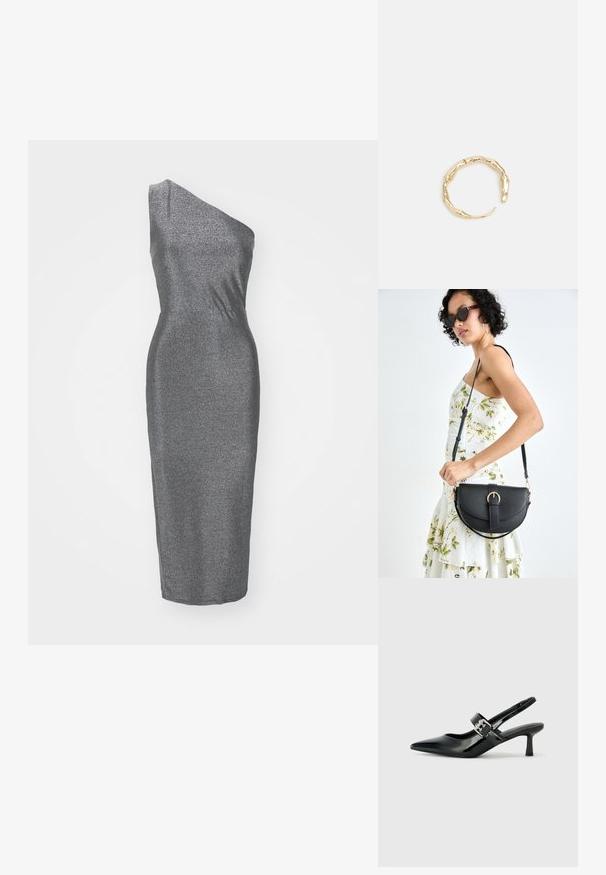 Asimetrisks, vienpolšu pelēks kleita, izgatavota no spīdīga materiāla, pieguļošs siluets, līdz ceļiem, vienmērīga tekstūra, bez redzamām rakstām vai akcentiem.; Melnas lakotas ādas sūkņa kurpes ar norādītu purngali un mazu bloku papēdi, ar sudraba sprādzi akcentā uz jostas.; Melnas ādas rokassoma ar izliekta formu, noņemamu siksnu un zelta aksesuāriem. Somai ir vāciņš ar sprādzes detaļu.; Zelta toņa gredzens ar organisku, vērptu dizainu, gludu virsmu un sašaurinātiem galiem, radot mūsdienīgu, skulpturālu izskatu.