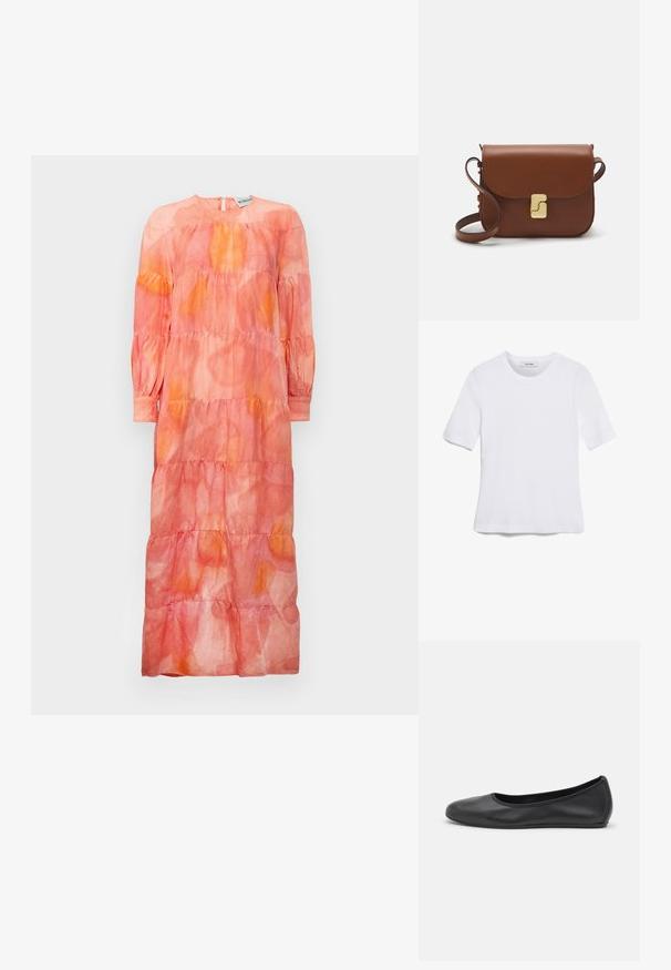 Rochie lungă, cu straturi, realizată dintr-un material ușor, în nuanțe de roz și portocaliu, având un gât rotund și mâneci ample.; Tricou alb cu mânecă scurtă, confectionat dintr-un material texturat. Gât rotund, tăietură regulară și detalii subtile de cusătură. Fără modele sau grafice.; Balerini din piele neagră, cu vârf rotund, textură netedă, detalii de cusătură minimale și un design al tălpii flexibil.; Geantă de piele maro cu închidere tip capac, accesorii de culoare aurie, curea de umăr și o textură netedă. Formă compactă și rectangulară.