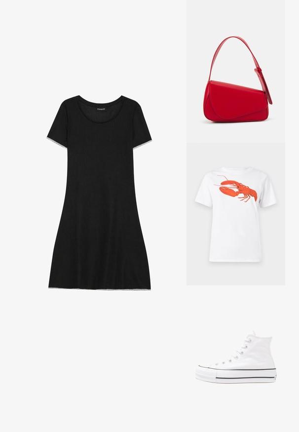 Must kollane lühikeste varrukatega kleit ümara kaelusega, valmistatud ribakudumist. Omab sirget lõiget ja peent trimmi varruka servadel.; Valge puuvillane T-särk, mille ees on suur erkpunane homaarigraafika. Lühikesed varrukad ja tavaline ümar kaelus.; Valge kõrgem kangast tenniseking, millel on must kummist tald, ees kummist varvasetugi ja kuus aukku paelte jaoks, pakkudes puhta ja minimalistliku disaini.; Punane nahast käekott, millel on nurkadega geomeetriline disain. Omab ühte reguleeritavat rihma ja klappidega sulgemist, millel on õmblustega kaunistused.