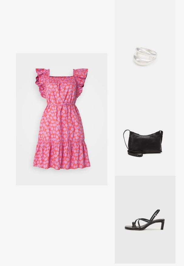 Rožinė gėlėta suknelė su raukiniais rankovėse, pintu korpusu ir sluoksniuotu apskritimu. Yra ramunėlių raštas šviesiai purpurinės spalvos ant ryškios fono.; Juodi šlepetės su kvadratiniu pirštu ir žemu bloku kulnu. Yra keli ploni dirželiai ir reguliuojamas kulkšnies diržas. Pagaminti iš lygios odos.; Juodas odinis petinis krepšys su lygiu paviršiumi, išlenkta forma, reguliuojama dirželiu ir užtrauktuku. Minimalistinis dizainas be puošmenų.; Sidabrinis dvigubas žiedas su lygiu, poliruotu paviršiumi. Pasižymi sklandžiu, kreiptu dizainu su persipinančiomis dalimis, suteikiančiomis modernų išvaizdą.