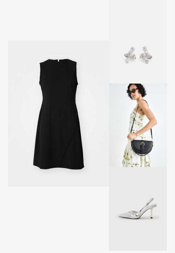 Vestido preto sem mangas com decote redondo, faixa texturizada e costura curva com detalhes decorativos na frente.; Sapato de salto alto slingback prateado com bico fino, acabamento metálico, duas correias decorativas e um salto esbelto com ponta preta.; Bolsa de couro preta com forma curva, alça destacável e detalhes em dourado. A bolsa possui uma aba com detalhe de fivela.; Brincos em tom prateado com pedras transparentes e brilhantes em várias formas, incluindo redondas e marquesas, dispostas em um design floral.