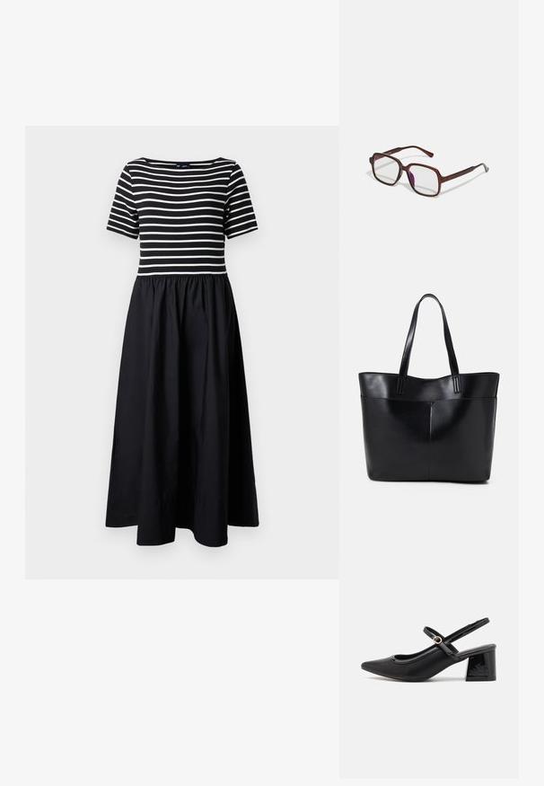Prúhované šaty s krátkym rukávom a čiernou sukňou; vrchná časť má biele horizontálne pruhy na priliehavom korzete, ktorý prechádza do voľného, zbieraného spodku.; Čierne lakované kožené lodičky so slingback dizajnom, špicatou špičkou, zaobleným výrezom a blokovým podpätkom. Obsahuje akcent zlatého tónu s prackou.; Hnedé, obdĺžnikové dioptrické okuliare s priehľadnými šošovkami a fialovými odtieňmi. Hladký plastový rám so zásadnými nožičkami a jemnými akcentmi.; Čierna kožená tote taška s dvoma dlhými rúčkami, hladkým povrchom a štruktúrovaným tvarom. Obsahuje prednú kapsu pre dodatočné uskladnenie.