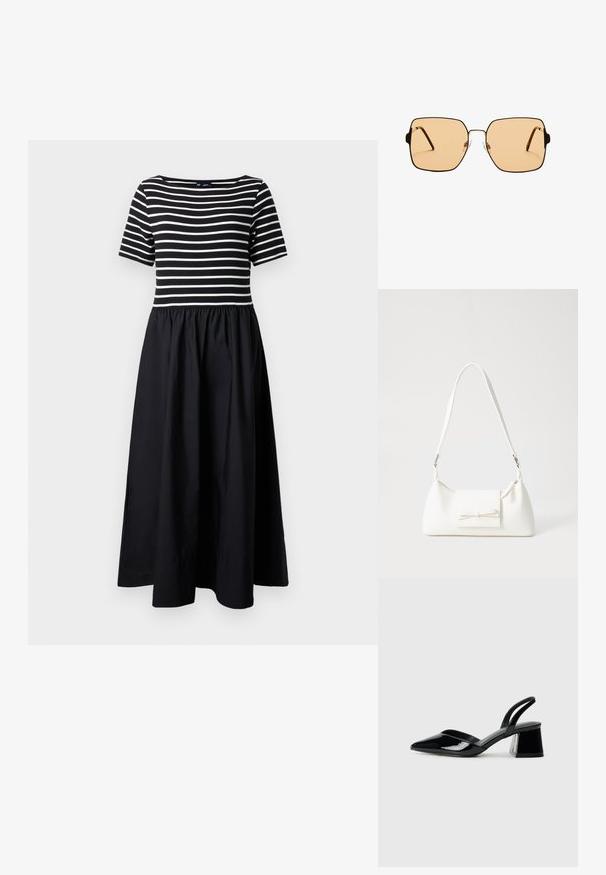 Haljina kratkih rukava s prugama i crnom suknjom; gornji dio ima bijele horizontalne pruge na tijesno krojenom tijelu, dok se prelijeva u lepršavi, naborani donji dio.; Crne lakirane kožne sandale s otvorenom petom i špicastim vrhom, s geometrijskom blok petom. Imaju elegantan, minimalistički dizajn i glatku teksturu.; Kvadratne sunčane naočale s smešnim staklima i tankim okvirom od crnog metala. Imaju uglaste tempore i podešive noseče jastučiće za udobnost.; Bijela sintetička torbica s trokutastim oblikom, ravnim prednjim poklopcem i detaljem u obliku mašne, podesivom remenom, glatkom teksturom i minimalističkim dizajnom.