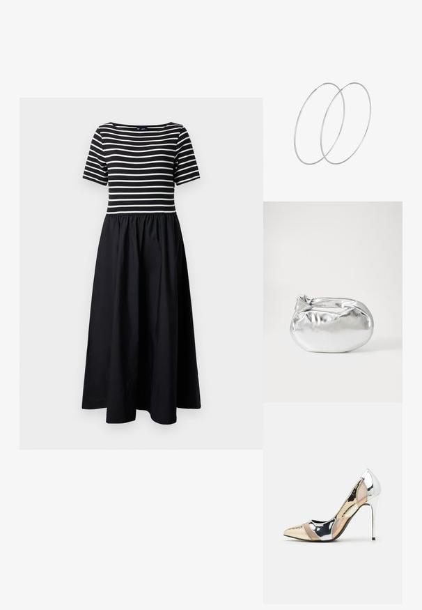 Gestreiftes Kurzarmkleid mit schwarzem Rock; das Oberteil hat weiße horizontale Streifen auf einem figurbetonten Oberteil, das in einen fließenden, gerafften Saum übergeht.; Spitz zulaufender High-Heel-Schuh in einer Farbgestaltung aus Silber, Gold und Nude. Glänzende Oberfläche mit Ausschnittdesign und stiletto Absatz.; Silberne metallic Pouch-Tasche mit einer sanften, abgerundeten Form und einem geknoteten Verschluss oben. Hergestellt aus glattem Kunstleder.; Silberne Creolen mit minimalistischem Design. Rundform, glatte Oberfläche und dünnes Profil. Leichtgewichtig mit hochglänzender Oberfläche.