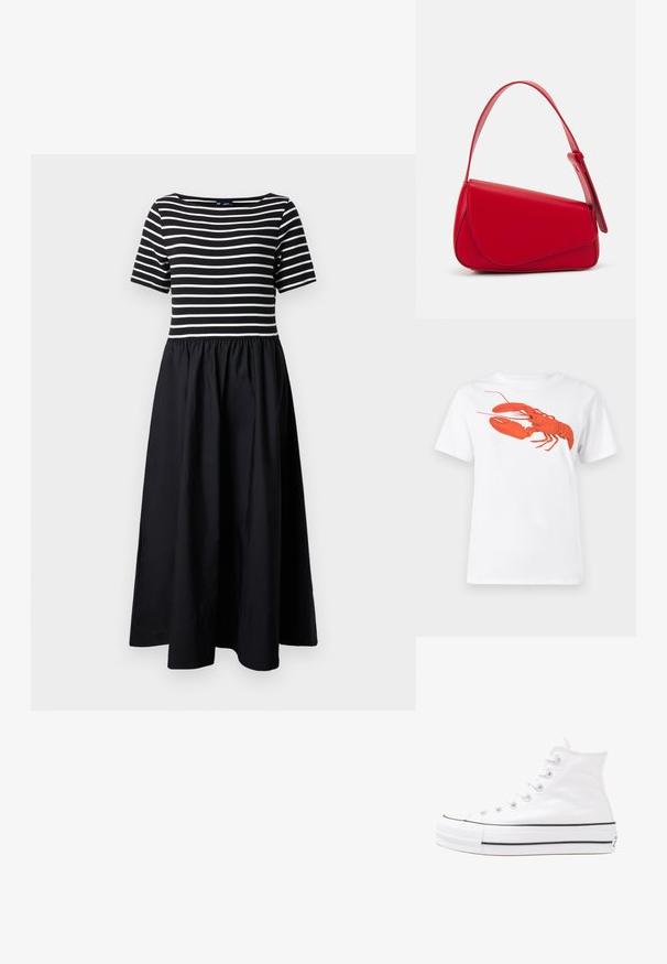 Abito a maniche corte a righe con gonna nera; la parte superiore presenta righe orizzontali bianche su un corpetto aderente, che si trasforma in una parte inferiore fluida e arricciata.; T-shirt bianca in cotone con una grande grafica di aragosta rossa brillante sul davanti. Maniche corte e design con colletto rotondo standard.; Sneaker alta in tela bianca con suola in gomma nera, punta in gomma frontale e sei asole per i lacci, caratterizzata da un design pulito e minimalista.; Borsa a tracolla in pelle rossa con un design angolare e geometrico. Presenta una singola tracolla regolabile e una chiusura a patta con dettagli cuciti.