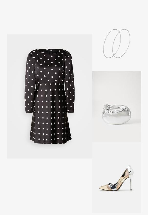 Črna obleka s pikami, dolgimi rokavi in zaobljenim izrezom. Narejena iz gladkega materiala, s belimi krožnimi vzorci po celotni obleki.; Čevlji z visoko peto in konico, v barvni kombinaciji srebrne, zlate in nude. Sijajna obdelava z izrezljanim dizajnom, z igličasto peto.; Srebrna kovinska torbica z mehko, zaobljeno obliko in zavezano zgornjo zaporo. Narejena iz gladkega umetnega usnja.; Srebrne uhane v obliki obroča z minimalističnim dizajnom. Krožna oblika, gladka tekstura in tanek profil. Lahki s poliranim zaključkom.