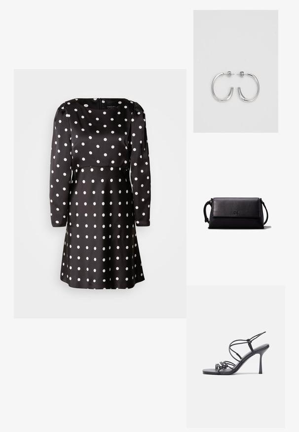 Czarna sukienka w białe kropki z długimi rękawami i okrągłym dekoltem. Wykonana z gładkiego materiału, z białymi okrągłymi wzorami rozmieszczonymi w całej powierzchni.; Czarne sandały na wysokim obcasie mają cienkie paski z węzłowym wzorem, gładki, kwadratowy czubek i smukły obcas w stylu szpilki.; Czarna skórzana kopertówka o prostokątnym kształcie, gładkiej fakturze, płaskim zapięciu na klapę i małym uchwycie z boku. Posiada subtelne logo.; Srebrne kolczyki na biglu o gładkim, błyszczącym wykończeniu. O zaokrąglonym kształcie, lekkim designie, z zamknięciem na zatrzask.