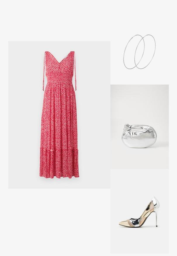 Rdeča cvetna maksi obleka z V-izrezom, nastavljivimi naramnicami, smockanim stekleničnim delom in plastnatim robom. Tkanina je prežeta z majhnimi belimi cvetnimi vzorci.; Čevlji z visoko peto in konico, v barvni kombinaciji srebrne, zlate in nude. Sijajna obdelava z izrezljanim dizajnom, z igličasto peto.; Srebrna kovinska torbica z mehko, zaobljeno obliko in zavezano zgornjo zaporo. Narejena iz gladkega umetnega usnja.; Srebrne uhane v obliki obroča z minimalističnim dizajnom. Krožna oblika, gladka tekstura in tanek profil. Lahki s poliranim zaključkom.