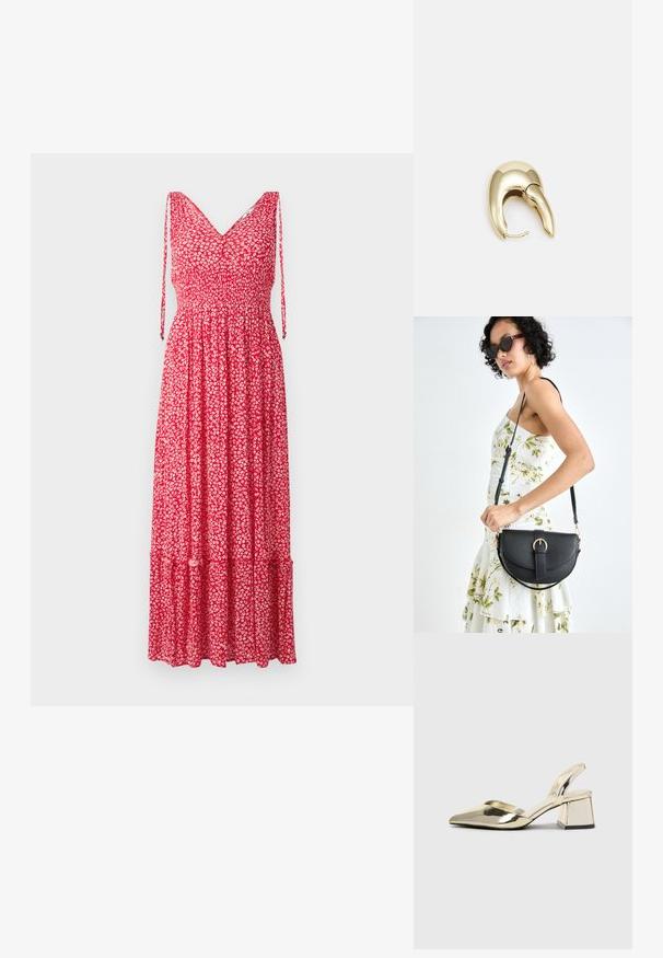 Sarkana ziedu maksi kleita ar V-veida dekoltē, regulējamiem plecu siksnām, gumijotu vidusdaļu un slāņotu apakšmalu. Audumam ir mazi balti ziedu raksti.; Zeltaini, metāla kurpes ar siksniņām, norakans purngalis un masīla papēdis. Gluda tekstūra, minimālisma dizains un šaura siksna.; Melnas ādas rokassoma ar izliekta formu, noņemamu siksnu un zelta aksesuāriem. Somai ir vāciņš ar sprādzes detaļu.; Zeltīti metāla auskari ar gludu, izliekta dizaina. Ar atšķirīgu smailu formu, pulētu virsmu un eņģu aizdari.