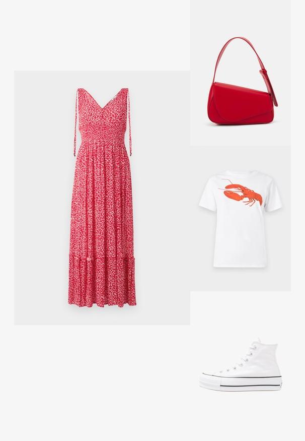 Červené kvetinové maxi šaty s V-výstrihom, nastaviteľnými ramienkami, smockovaným živôtikom a volánovým lemom. Tkanina má malé biele kvetinové vzory.; Biely bavlnený tričko s veľkým, jasne červeným grafickým zobrazením homára na prednej strane. Krátke rukávy a štandardný dizajn s okrúhlym výstrihom.; Biele vysoké plátené tenisky s čiernou gumovou podošvou, prednou gumovou špičkou a šiestimi okami na šnúrky, s čistým, minimalistickým dizajnom.; Červená kožená kabelka s ostrým, geometrickým dizajnom. Má jeden nastaviteľný popruh a uzatváranie na klopu so šitím.