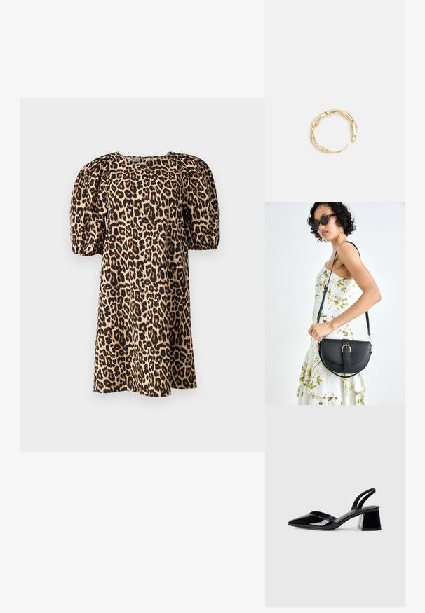 Haljina s leopard uzorkom i napuhanim rukavima, dizajnirana u bež i crnoj boji. Ima kvadratni izrez i glatku teksturu tkanine.; Crne lakirane kožne sandale s otvorenom petom i špicastim vrhom, s geometrijskom blok petom. Imaju elegantan, minimalistički dizajn i glatku teksturu.; Crna kožna torba s lukovitim oblikom, odvojivim remenom i zlatnim detaljima. Torba ima preklop s kopčom.; Prsten u zlatnoj nijansi s organskim, uvijenim dizajnom, glatkom teksturom i suženim krajevima, koji stvara moderan, skulpturalni izgled.