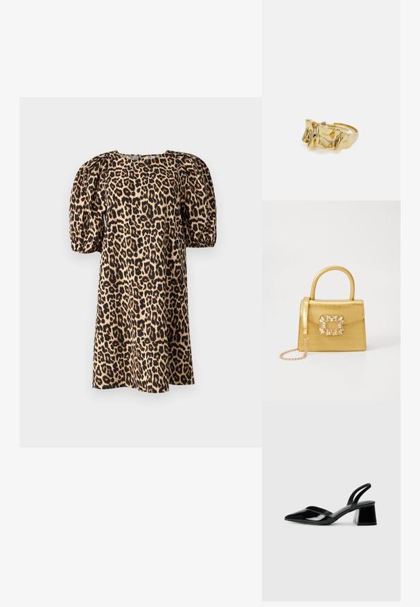 Haljina s leopard uzorkom i napuhanim rukavima, dizajnirana u bež i crnoj boji. Ima kvadratni izrez i glatku teksturu tkanine.; Crne lakirane kožne sandale s otvorenom petom i špicastim vrhom, s geometrijskom blok petom. Imaju elegantan, minimalistički dizajn i glatku teksturu.; Žuta torbica od umjetnog krokodila sa strukturiranim dizajnom, gornjom ručkom, odvojivim lančićem i dekorativnim kristalnim ukrasom na kopči.; Zlatni prsten s teksturiranim, valovitim dizajnom koji ima tri istaknuta vrha. Glatka, sjajna površina s otvorenom trakom za podešavanje veličine.