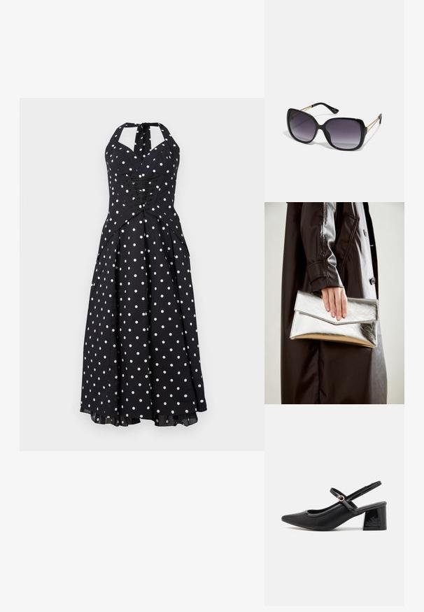 Čierne halterneck šaty s bielymi bodkami, priliehajúci vršok, detaily so šnurovaním a rozšírená sukňa. Vyrobené z hladkej látky s jemným leskom.; Čierne lakované kožené lodičky so slingback dizajnom, špicatou špičkou, zaobleným výrezom a blokovým podpätkom. Obsahuje akcent zlatého tónu s prackou.; Čierne oversized slnečné okuliare s gradientovými sklíčkami, hrubými rámami a zlatým retiazkovým detailom na stranách.; Strieborná metalická kabelka s uhlovým dizajnom obálky, hladkou textúrou a kontrastnou farbou vnútornku, držená v ruke obutou v čiernom kabáte.
