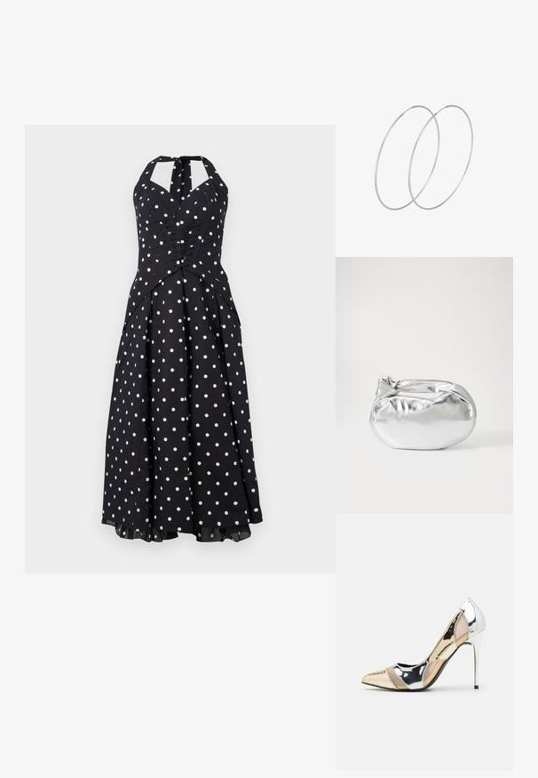 Vestido negro con tirantes halter y lunares blancos, cuerpo ajustado, detalles con cordones y falda acampanada. Fabricado con una tela suave con un ligero brillo.; Zapato de tacón alto con punta afilada en una combinación de colores plateado, dorado y nude. Acabado brillante con diseño recortado, que presenta un tacón de aguja.; Bolsa de pouch metálica plateada con una forma suave y redondeada y un cierre en la parte superior con un nudo. Hecha de un material de imitación de cuero suave.; Pendientes de aro plateados con un diseño minimalista. Forma circular, textura suave y perfil delgado. Livianos con un acabado pulido.