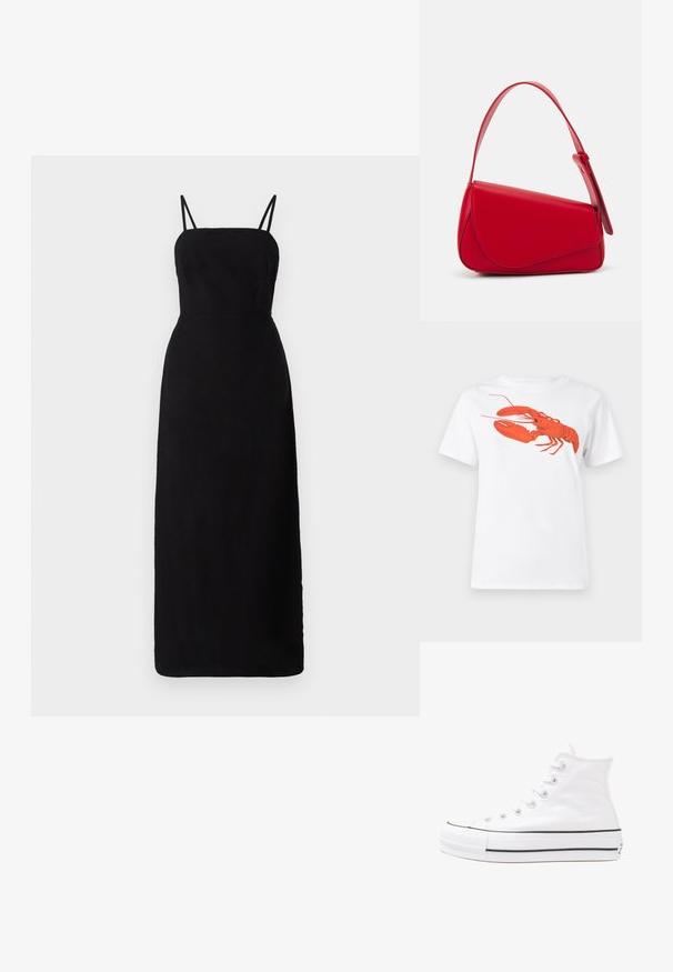 Čierne šaty po zem s tenkými ramienkami, priliehavým tielkom a hladkou textúrou. Minimalistický dizajn bez vzorov alebo akcentov.; Biely bavlnený tričko s veľkým, jasne červeným grafickým zobrazením homára na prednej strane. Krátke rukávy a štandardný dizajn s okrúhlym výstrihom.; Biele vysoké plátené tenisky s čiernou gumovou podošvou, prednou gumovou špičkou a šiestimi okami na šnúrky, s čistým, minimalistickým dizajnom.; Červená kožená kabelka s ostrým, geometrickým dizajnom. Má jeden nastaviteľný popruh a uzatváranie na klopu so šitím.